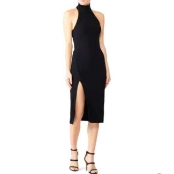 Ronny Kobo Mardelle Asymmetrical High Leg Slit Halter Black Ribbed Midi dress - Picture 12 of 12